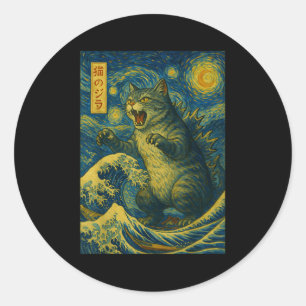 Catzilla Funny Cat Japanese Art Starry Night Wave  Classic Round Sticker