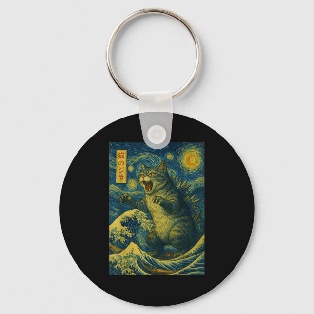 Catzilla Funny Cat Japanese Art Starry Night Wave  Key Ring (Front)