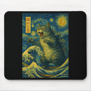Catzilla Funny Cat Japanese Art Starry Night Wave Mouse Pad