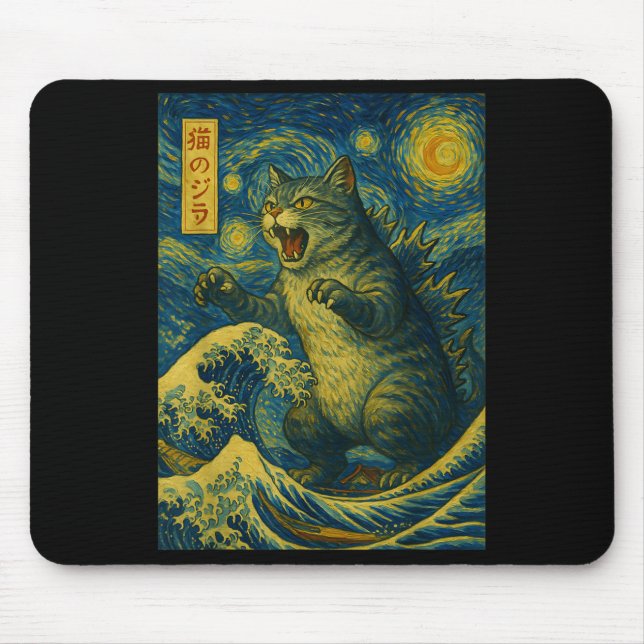 Catzilla Funny Cat Japanese Art Starry Night Wave  Mouse Pad (Front)
