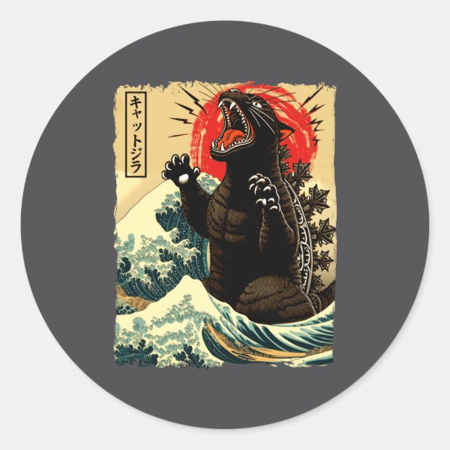 Catzilla Funny Japanese Style  Classic Round Sticker (Front)