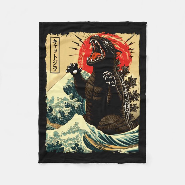 Catzilla Funny Japanese Style  Fleece Blanket (Front)