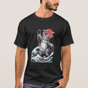 Catzilla Great Wave Mashup Illustration Long Sleev T-Shirt