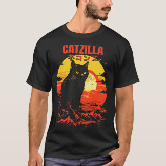 Catzilla Japanese Kanji Retro Mountain Sunset Cat  T-Shirt