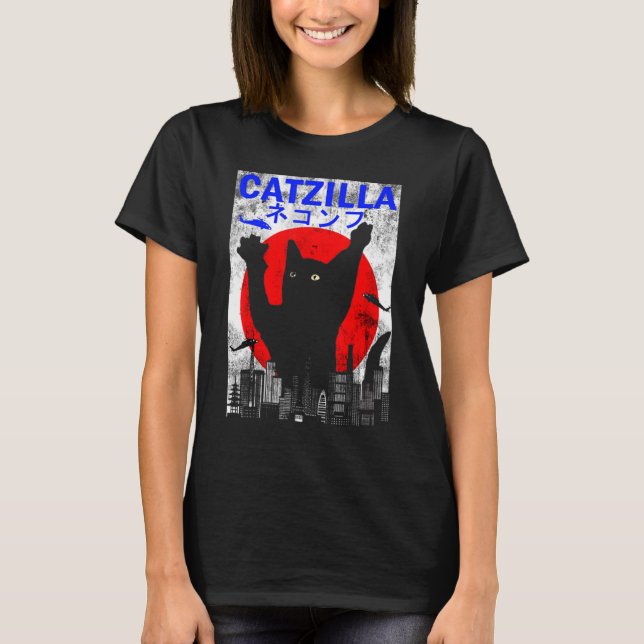 Catzilla Japanese Sunset Style Cat Kitten T-Shirt (Front)