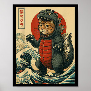 Catzilla Shirt Japanese Art Cat Graphic Men Women  Poster