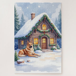 Caucasian Shepherd Dog Mountain Cabin Christmas Jigsaw Puzzle