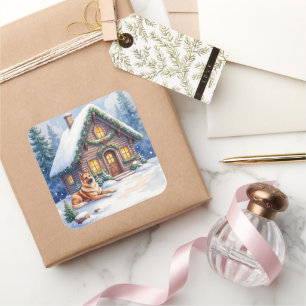 Caucasian Shepherd Dog Mountain Cabin Christmas Square Sticker