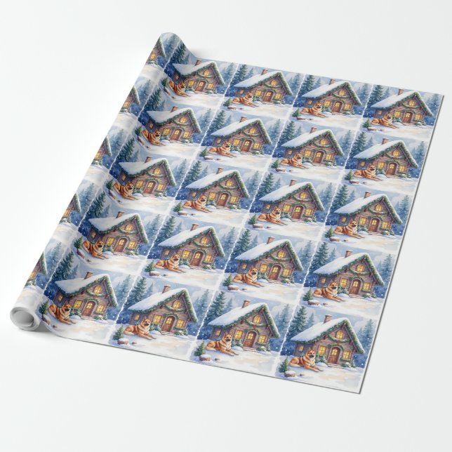 Caucasian Shepherd Dog Mountain Cabin Christmas Wrapping Paper (Unrolled)