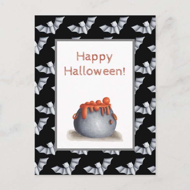 Cauldron and Bats Happy Halloween Postcard (Front)