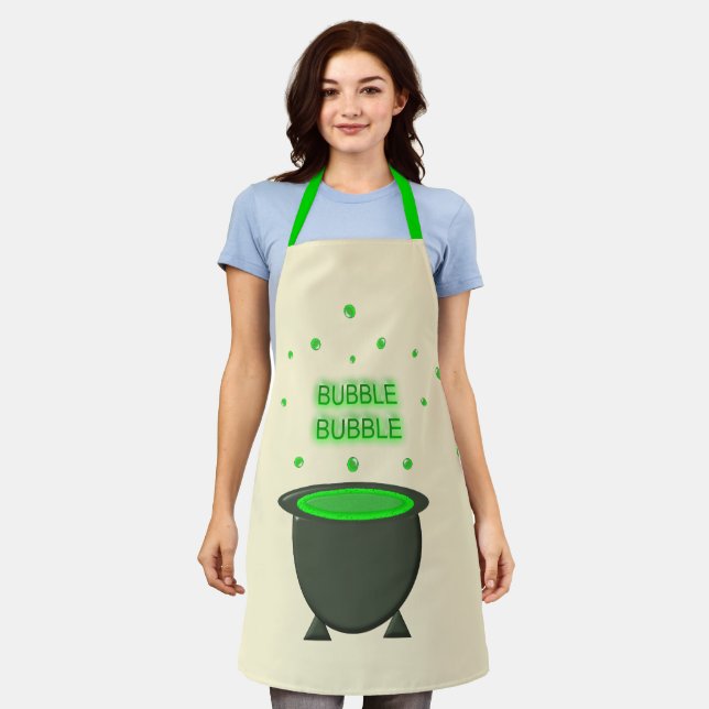Cauldron and Bubbling Green Brew Halloween Apron (Worn)