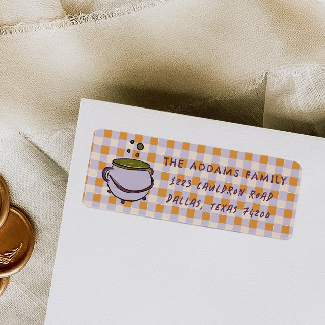 Cauldron Chequered Halloween Return Address Label (Witch Cauldron Purple and Orange Checkered Halloween Return Address Labels)