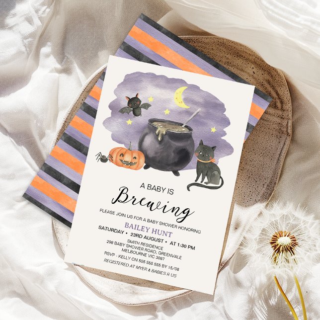 Cauldron Halloween Baby Is Brewing Baby Shower Invitation (Halloween Baby Is Brewing Baby Shower Invitation, Halloween Themed Gender Neutral Baby Shower Invite)