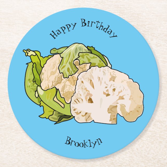 Cauliflower cartoon illustration round paper coaster (Front)