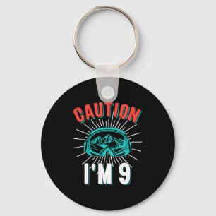 Caution 9 skiing 9th birthday snowboard 9 yo skier key ring