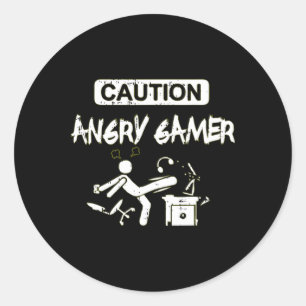 Caution Angry Gamer Computer Funny Video Game Gift Classic Round Sticker