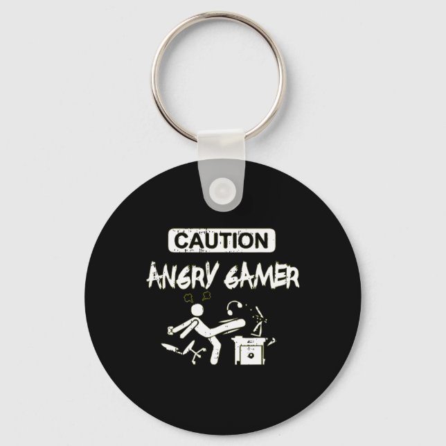 Caution Angry Gamer Computer Funny Video Game Gift Key Ring (Front)