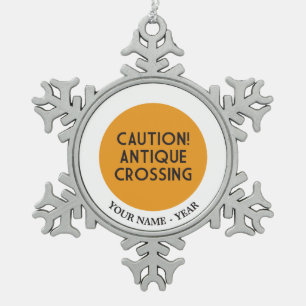 Caution! Antique Crossing Snowflake Pewter Christmas Ornament