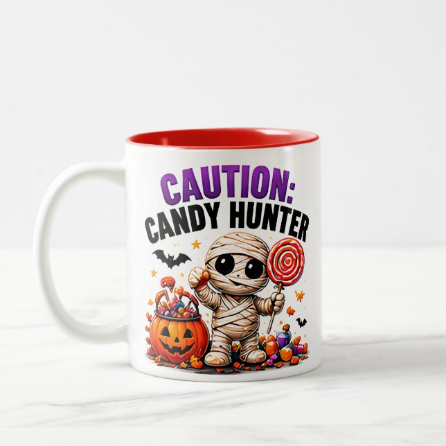 Caution Candy Hunter Funny Halloween Mummy Quote Two-Tone Coffee Mug (Left)