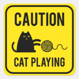 Caution - Cat Playing Square Sticker