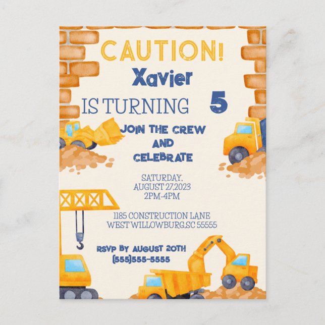CAUTION! Construction Truck Birthday Invitation Postcard (Front)
