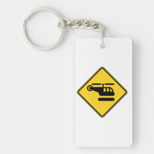Caution Helicopter Sign Key Ring