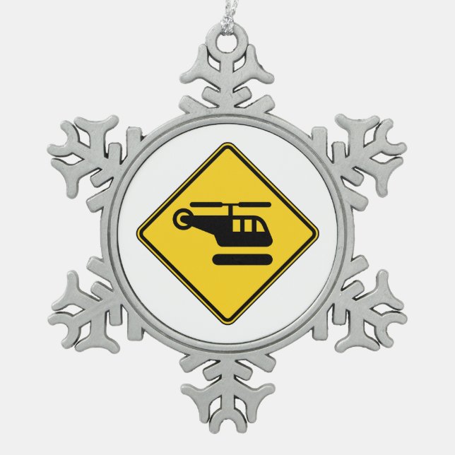 Caution Helicopter Sign Snowflake Pewter Christmas Ornament (Front)