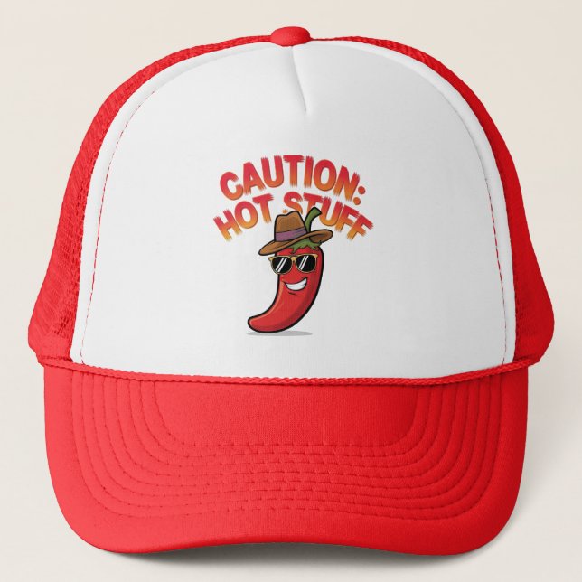 Caution: Hot Stuff Design - Fun Chili Pepper Trucker Hat (Front)