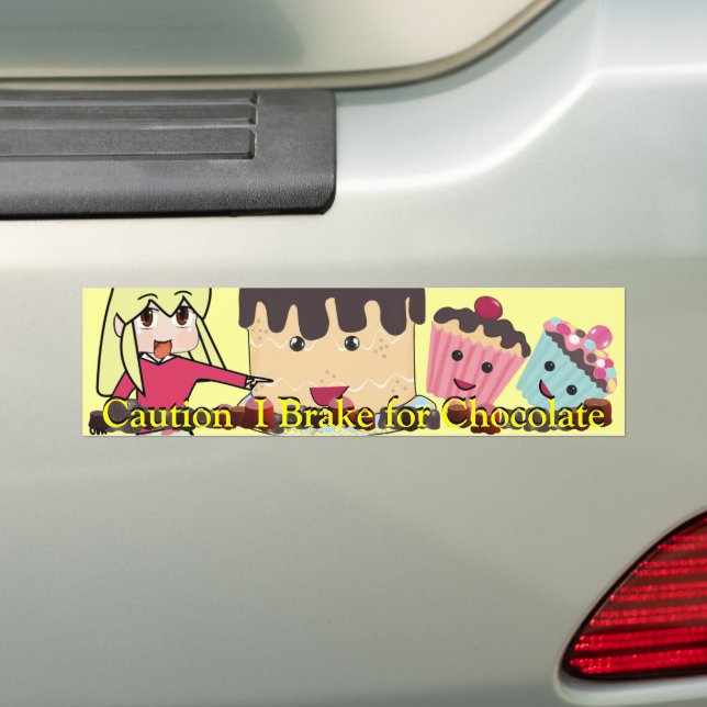 Caution I brake for Chocolate Chibi - Customised Bumper Sticker (On Car)