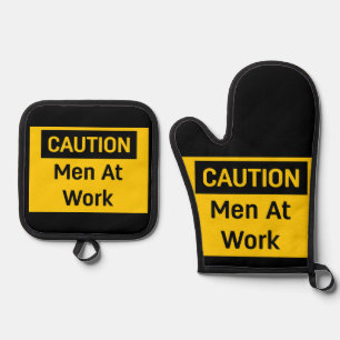 CAUTION Men at Work Oven Mitt & Pot Holder Set