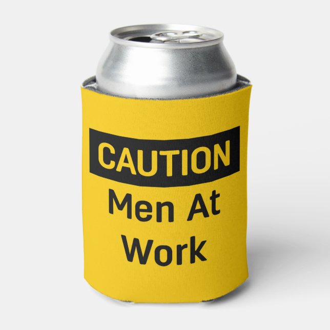 CAUTION Men at Work Yellow and Black Can Cooler (Can Front)