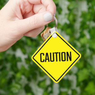 Caution Metal Square Keychain