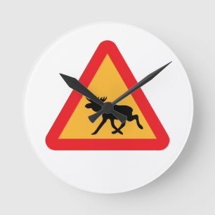 Caution Moose Swedish Traffic Sign Round Clock