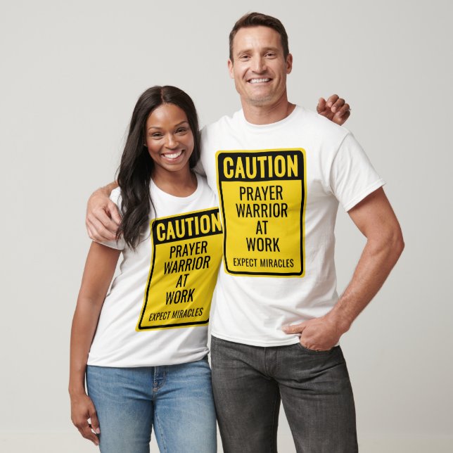 CAUTION Prayer Warrior Miracles Yellow White Funny T-Shirt (Unisex)