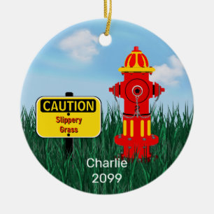 Caution Slippery Grass Dog Puppy Fire Hydrant  Cer Ceramic Ornament