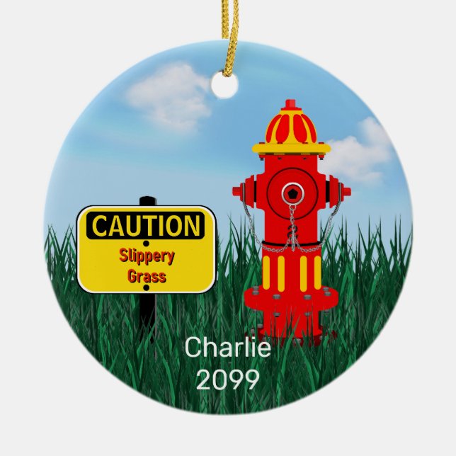 Caution Slippery Grass Dog Puppy Fire Hydrant  Cer Ceramic Ornament (Front)