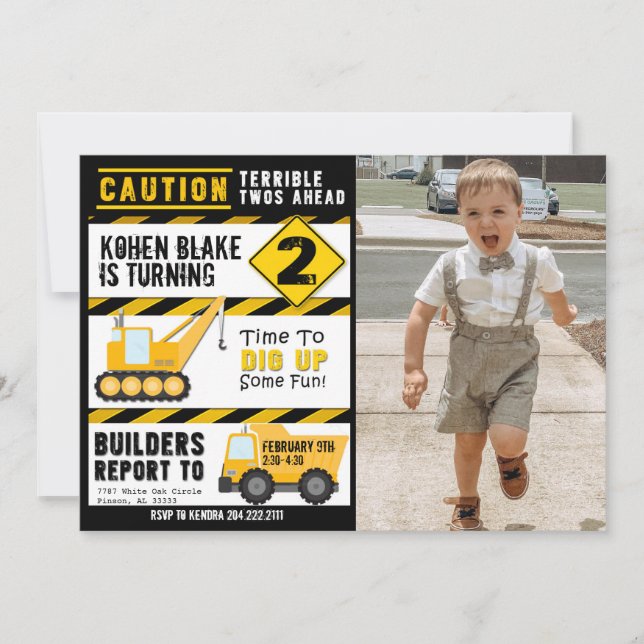 Caution Terrible Two’s Invitation With Photo (Front)