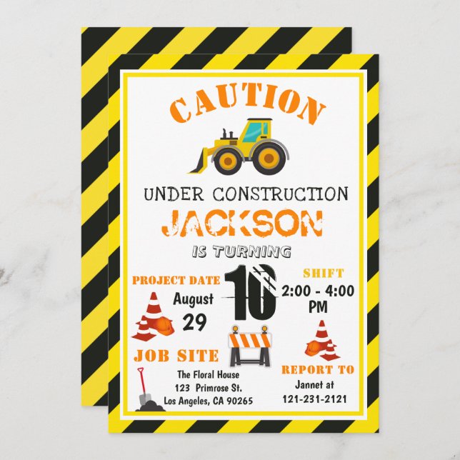 Caution Under Construction Dump the Truck Birthday Invitation (Front/Back)