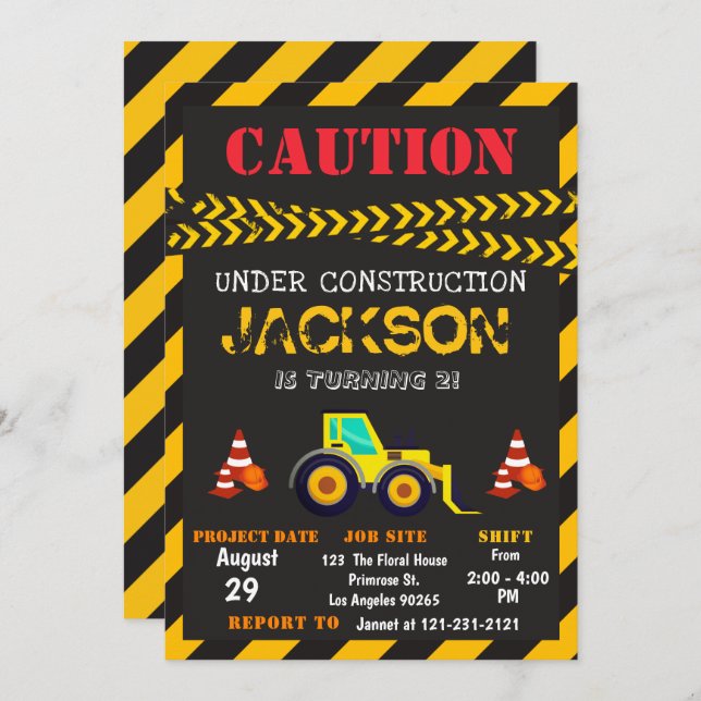 Caution Under Construction Dump Truck Birthday Invitation (Front/Back)
