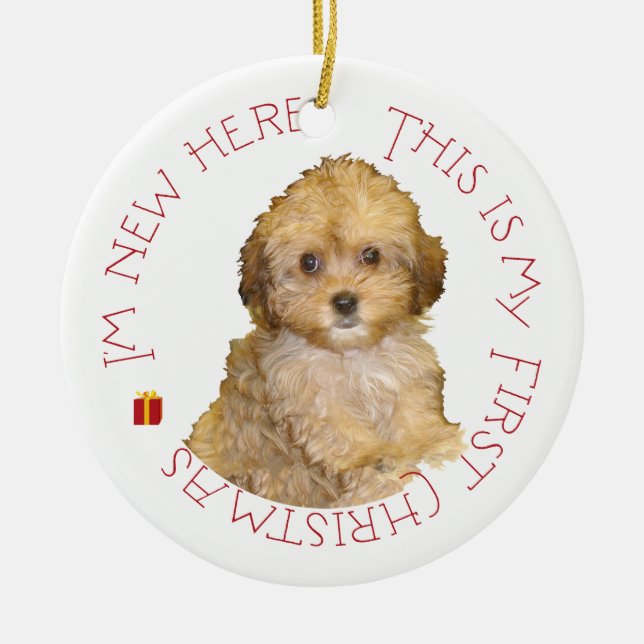 Cavachon Puppy First Christmas Ceramic Ornament (Front)