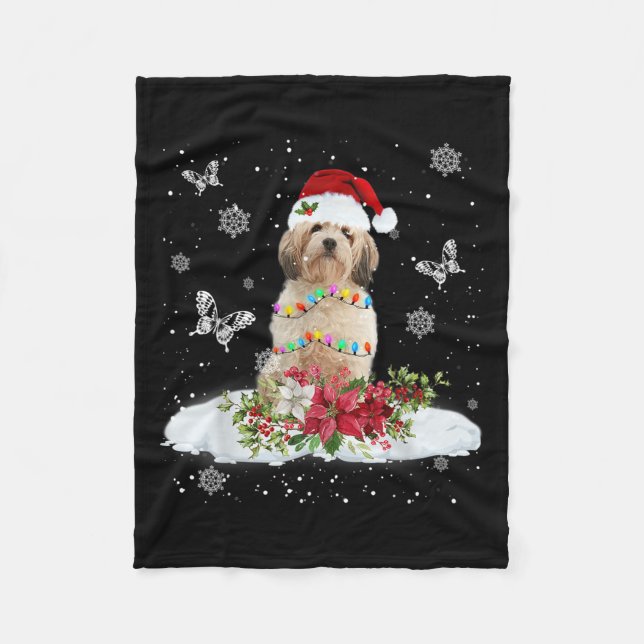Cavachon Snowly Christmas Tree Lights Pajama Dog X Fleece Blanket (Front)