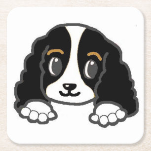 cavalier kcs peeking black and white square paper coaster