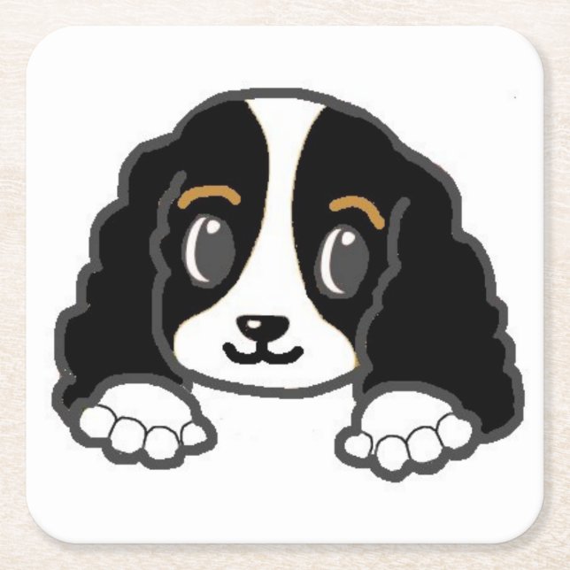 cavalier kcs peeking black and white square paper coaster (Front)