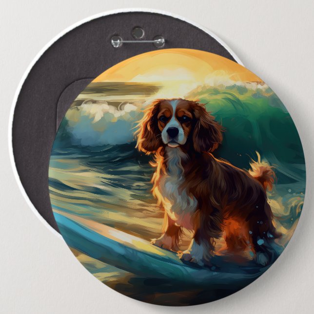 Cavalier King Beach Surfing Painting 6 Cm Round Badge (Front & Back)