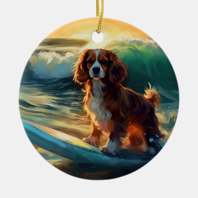 Cavalier King Beach Surfing Painting Ceramic Ornament (Front)