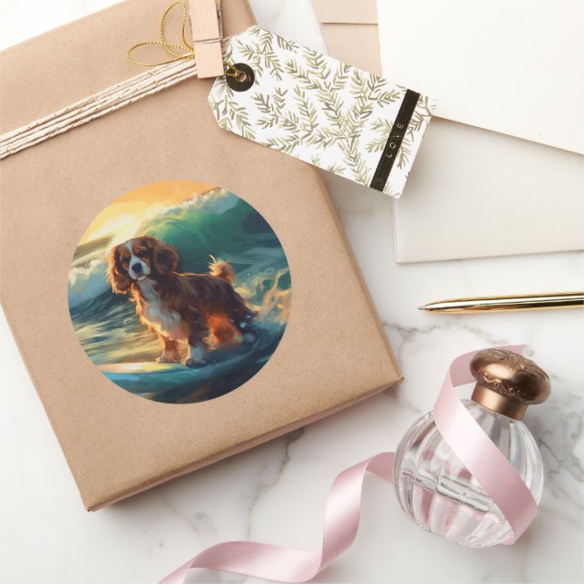 Cavalier King Beach Surfing Painting Classic Round Sticker (Gifting)