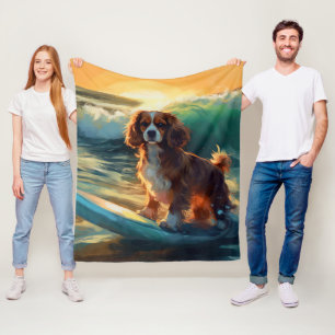 Cavalier King Beach Surfing Painting Fleece Blanket