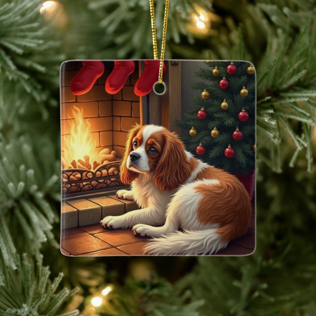 Cavalier King Charles by the Fireplace Christmas Ceramic Ornament (Tree)
