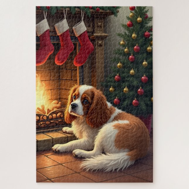 Cavalier King Charles by the Fireplace Christmas Jigsaw Puzzle (Vertical)