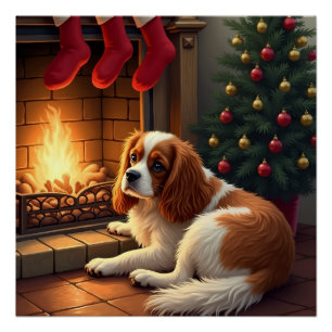 Cavalier King Charles by the Fireplace Christmas Poster